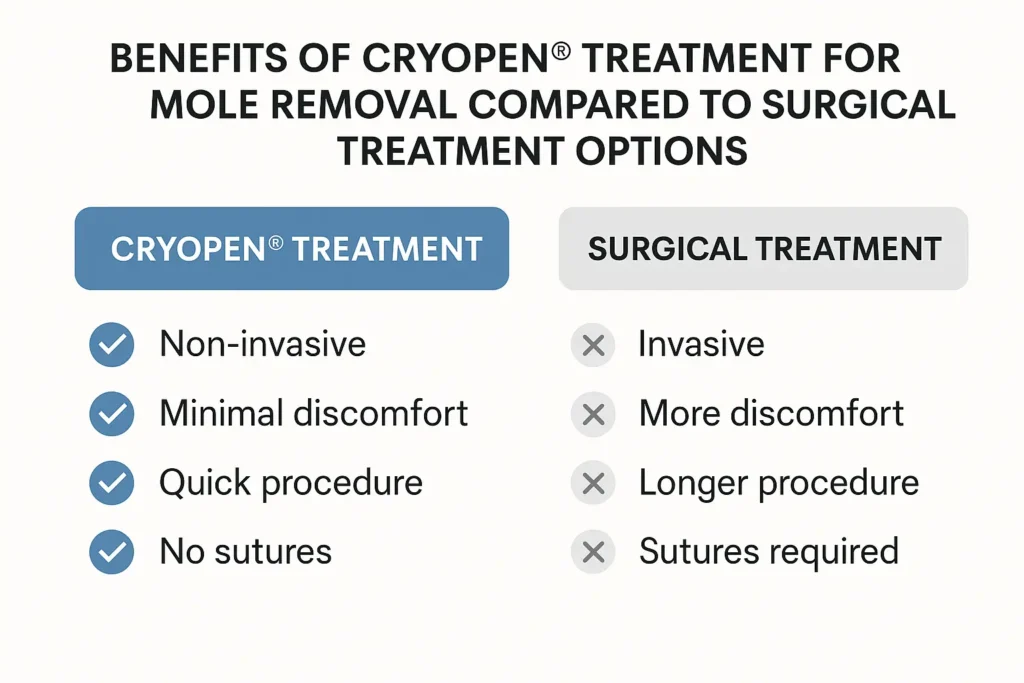 Table to show the benefits of getting moles removed Andover from LA LIPO
