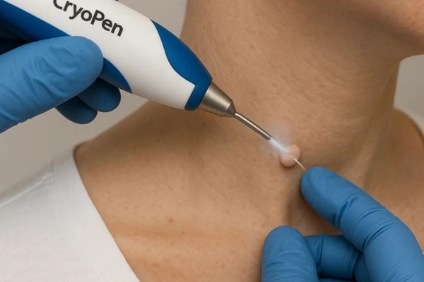 Person receiving cryotherapy Andover for skin tag removal