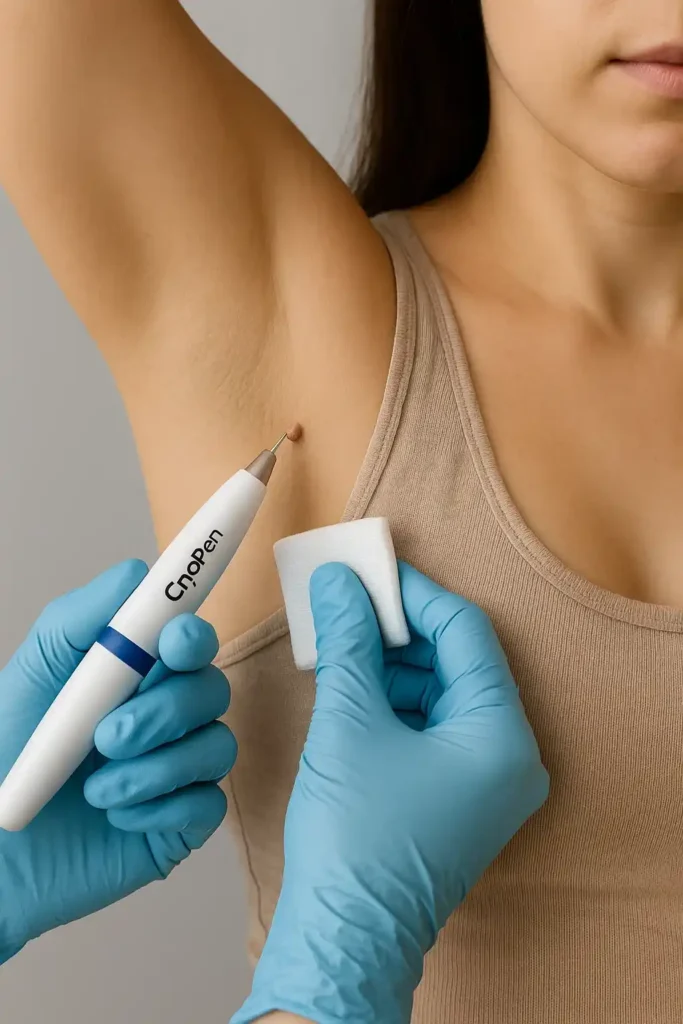 woman having cryopen to remove underarm skin tags Andover
