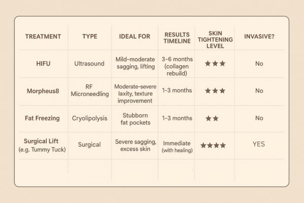 Table showing the comparisons of Skin tightening Andover treatment options.